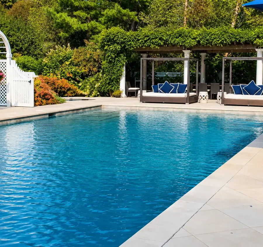 Piscina de borda reta com deck em pedra