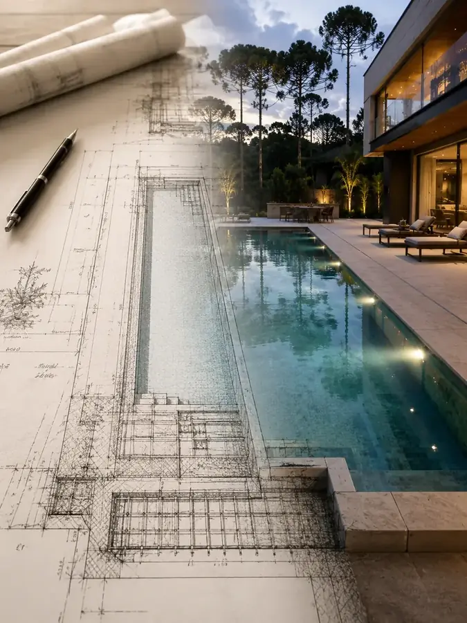 Projeto de piscina em blueprint fundindo com foto real ao entardecer